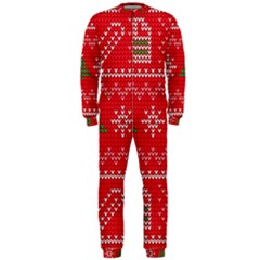 Red Christmas Pattern Xmas Decorations, Christmas Knitted Texture Onepiece Jumpsuit (men) by kyorashop23