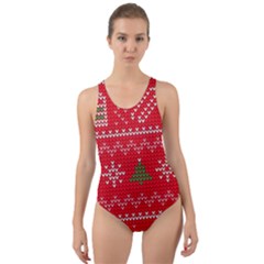 Red Christmas Pattern Xmas Decorations, Christmas Knitted Texture Cut-out Back One Piece Swimsuit by kyorashop23