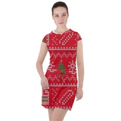 Red Christmas Pattern Xmas Decorations, Christmas Knitted Texture Drawstring Hooded Dress