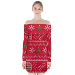 Red Christmas Pattern Xmas Decorations, Christmas Knitted Texture Long Sleeve Off Shoulder Dress by kyorashop23