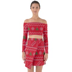 Red Christmas Pattern Xmas Decorations, Christmas Knitted Texture Off Shoulder Top With Skirt Set by kyorashop23