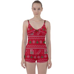 Red Christmas Pattern Xmas Decorations, Christmas Knitted Texture Tie Front Two Piece Tankini by kyorashop23