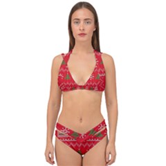 Red Christmas Pattern Xmas Decorations, Christmas Knitted Texture Double Strap Halter Bikini Set