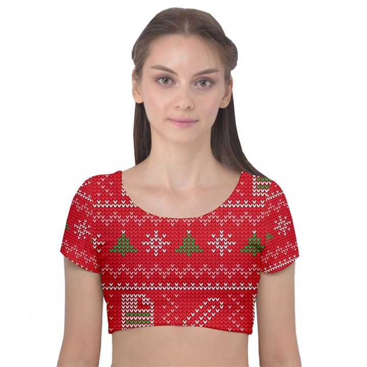 Red Christmas Pattern Xmas Decorations, Christmas Knitted Texture Velvet Short Sleeve Crop Top 