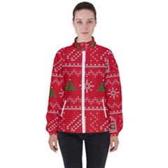 Red Christmas Pattern Xmas Decorations, Christmas Knitted Texture Women s High Neck Windbreaker by kyorashop23