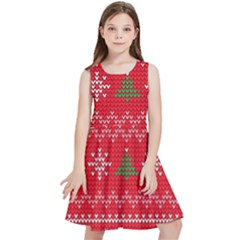 Red Christmas Pattern Xmas Decorations, Christmas Knitted Texture Kids  Skater Dress