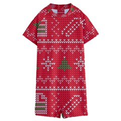 Red Christmas Pattern Xmas Decorations, Christmas Knitted Texture Kids  Boyleg Half Suit Swimwear by kyorashop23