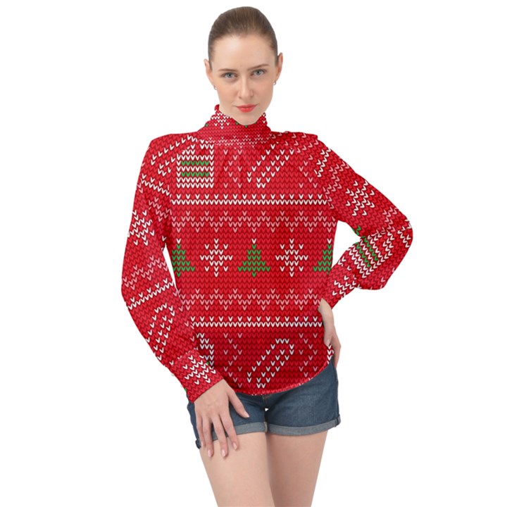 Red Christmas Pattern Xmas Decorations, Christmas Knitted Texture High Neck Long Sleeve Chiffon Top