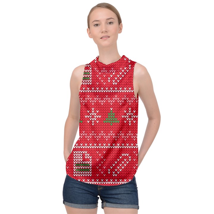 Red Christmas Pattern Xmas Decorations, Christmas Knitted Texture High Neck Satin Top