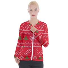 Red Christmas Pattern Xmas Decorations, Christmas Knitted Texture Casual Zip Up Jacket by kyorashop23