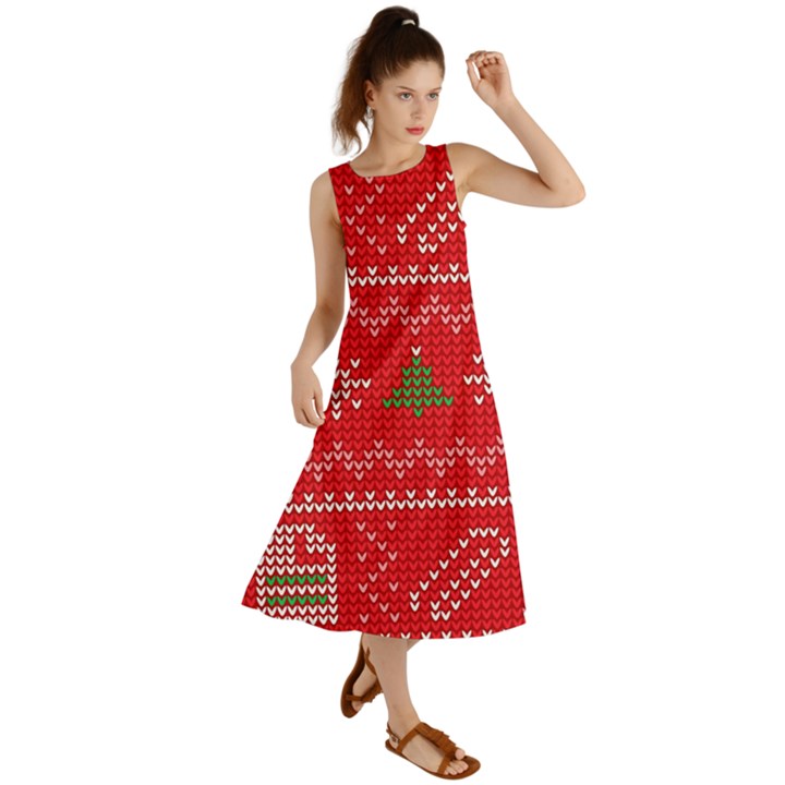 Red Christmas Pattern Xmas Decorations, Christmas Knitted Texture Summer Maxi Dress