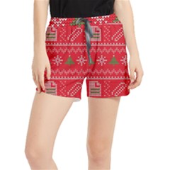 Red Christmas Pattern Xmas Decorations, Christmas Knitted Texture Women s Runner Shorts by kyorashop23