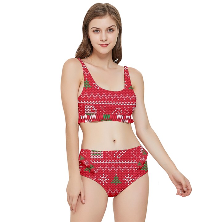 Red Christmas Pattern Xmas Decorations, Christmas Knitted Texture Frilly Bikini Set