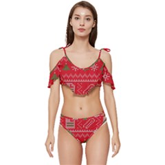 Red Christmas Pattern Xmas Decorations, Christmas Knitted Texture Ruffle Edge Tie Up Bikini Set	