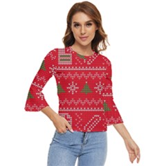 Red Christmas Pattern Xmas Decorations, Christmas Knitted Texture Bell Sleeve Top