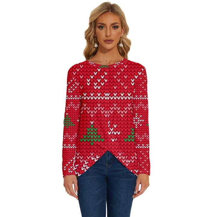 Red Christmas Pattern Xmas Decorations, Christmas Knitted Texture Long Sleeve Crew Neck Pullover Top