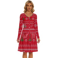 Red Christmas Pattern Xmas Decorations, Christmas Knitted Texture Long Sleeve Dress With Pocket by kyorashop23