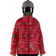 Red Christmas Pattern Xmas Decorations, Christmas Knitted Texture Men s Zip Ski And Snowboard Waterproof Breathable Jacket by kyorashop23