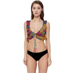 Swirly, Abstract, Multi Colored, Pattern, Low Cut Ruffle Edge Bikini Top