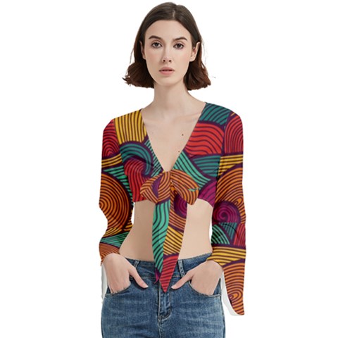 Swirly, Abstract, Multi Colored, Pattern, Trumpet Sleeve Cropped Top by kyorashop23