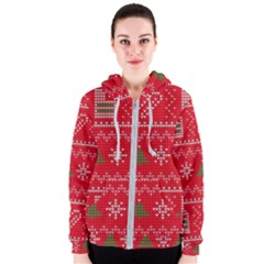 Red Christmas Pattern Xmas Decorations, Christmas Knitted Texture Women s Zipper Hoodie