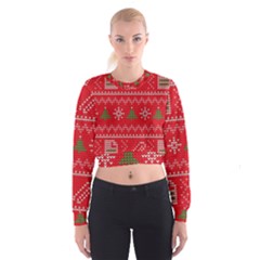 Red Christmas Pattern Xmas Decorations, Christmas Knitted Texture Cropped Sweatshirt