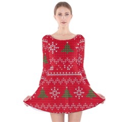 Red Christmas Pattern Xmas Decorations, Christmas Knitted Texture Long Sleeve Velvet Skater Dress