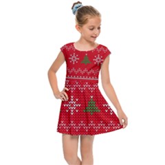 Red Christmas Pattern Xmas Decorations, Christmas Knitted Texture Kids  Cap Sleeve Dress by kyorashop23