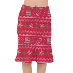 Red Christmas Pattern Xmas Decorations, Christmas Knitted Texture Short Mermaid Skirt