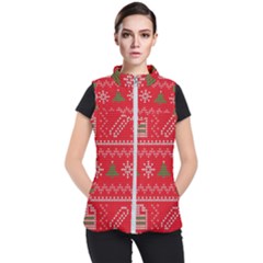 Red Christmas Pattern Xmas Decorations, Christmas Knitted Texture Women s Puffer Vest