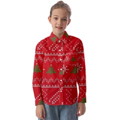 Red Christmas Pattern Xmas Decorations, Christmas Knitted Texture Kids  Long Sleeve Shirt by kyorashop23