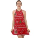 Red Christmas Pattern Xmas Decorations, Christmas Knitted Texture Halter Tie Back Chiffon Dress View1