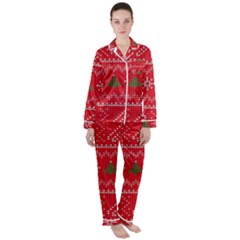 Red Christmas Pattern Xmas Decorations, Christmas Knitted Texture Women s Long Sleeve Satin Pajamas Set	 by kyorashop23