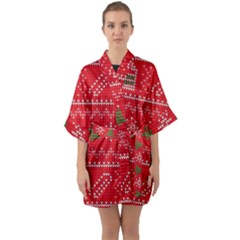 Red Christmas Pattern Xmas Decorations, Christmas Knitted Texture Half Sleeve Satin Kimono  by kyorashop23