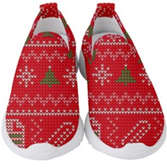 Red Christmas Pattern Xmas Decorations, Christmas Knitted Texture Kids  Slip On Sneakers by kyorashop23