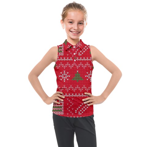 Red Christmas Pattern Xmas Decorations, Christmas Knitted Texture Kids  Sleeveless Polo T-shirt by kyorashop23