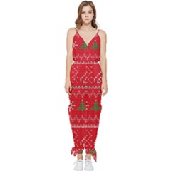 Red Christmas Pattern Xmas Decorations, Christmas Knitted Texture Sleeveless Tie Ankle Chiffon Jumpsuit by kyorashop23