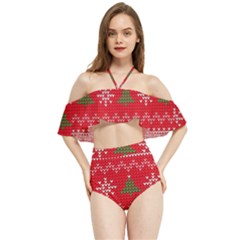 Red Christmas Pattern Xmas Decorations, Christmas Knitted Texture Halter Flowy Bikini Set 