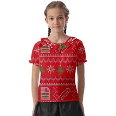 Red Christmas Pattern Xmas Decorations, Christmas Knitted Texture Kids  Frill Chiffon Blouse by kyorashop23