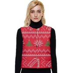 Red Christmas Pattern Xmas Decorations, Christmas Knitted Texture Women s Button Up Puffer Vest