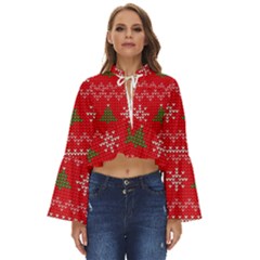 Red Christmas Pattern Xmas Decorations, Christmas Knitted Texture Boho Long Bell Sleeve Top