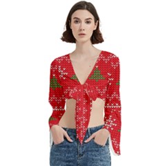 Red Christmas Pattern Xmas Decorations, Christmas Knitted Texture Trumpet Sleeve Cropped Top