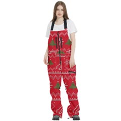 Red Christmas Pattern Xmas Decorations, Christmas Knitted Texture Women s Front Zip Ski And Snowboard Bib Pants