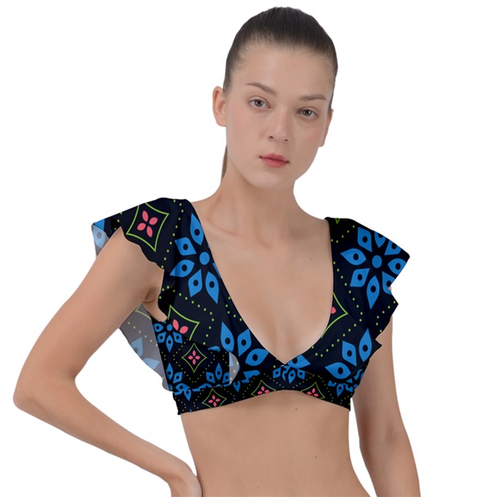 Flower Pattern Flora Floral Seamless Plunge Frill Sleeve Bikini Top