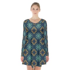 Flowers Pattern Design Abstract Long Sleeve Velvet V-neck Dress