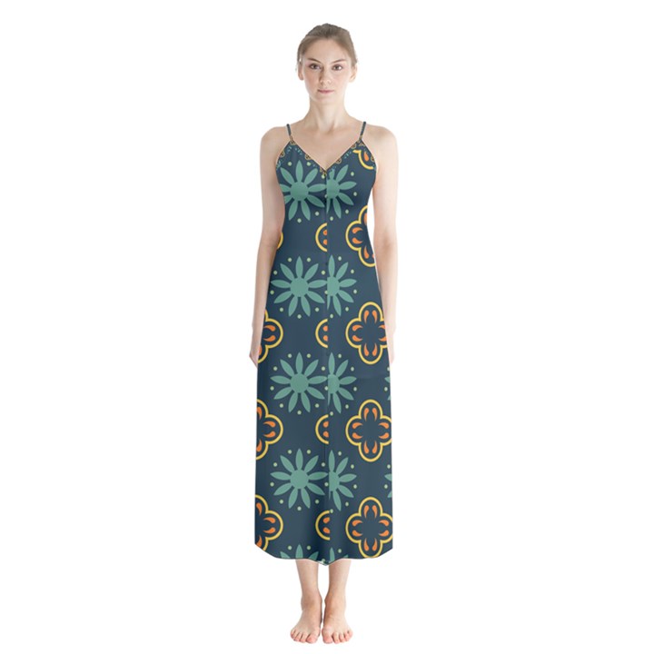 Flowers Pattern Design Abstract Button Up Chiffon Maxi Dress