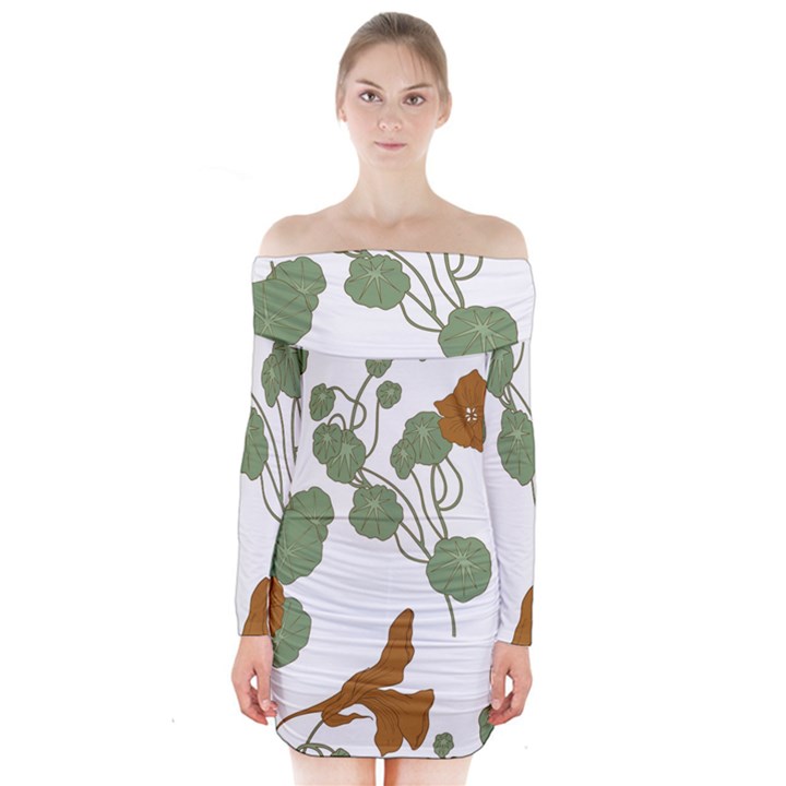 Nasturtium Flowers Plant Leaves Long Sleeve Off Shoulder Dress