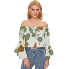 Nasturtium Flowers Plant Leaves Off Shoulder Flutter Bell Sleeve Top