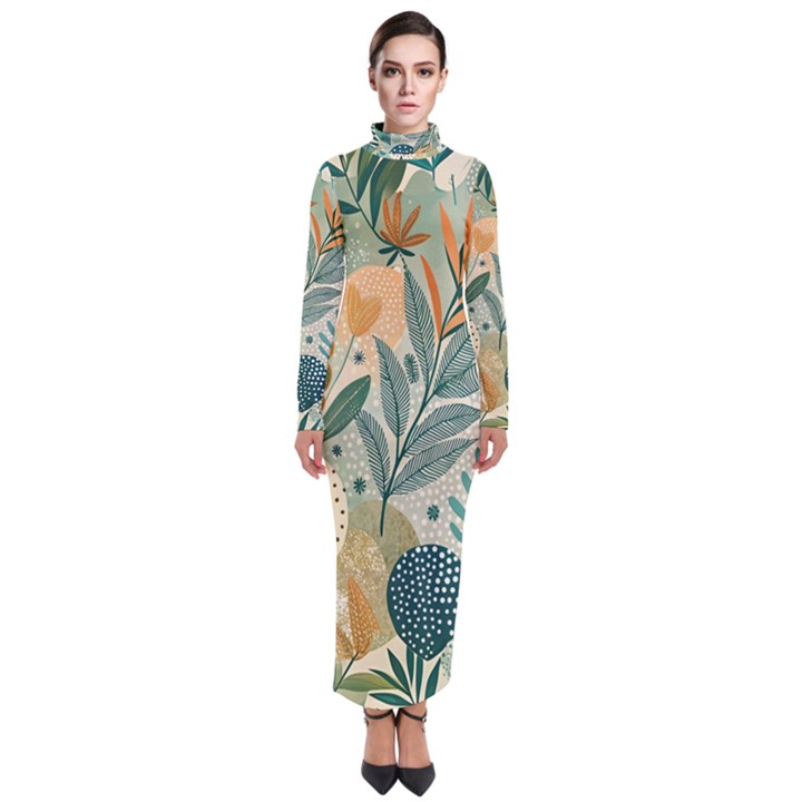 Leaves Pattern Flora Turtleneck Maxi Dress