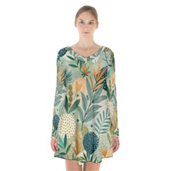 Leaves Pattern Flora Long Sleeve Velvet V-neck Dress